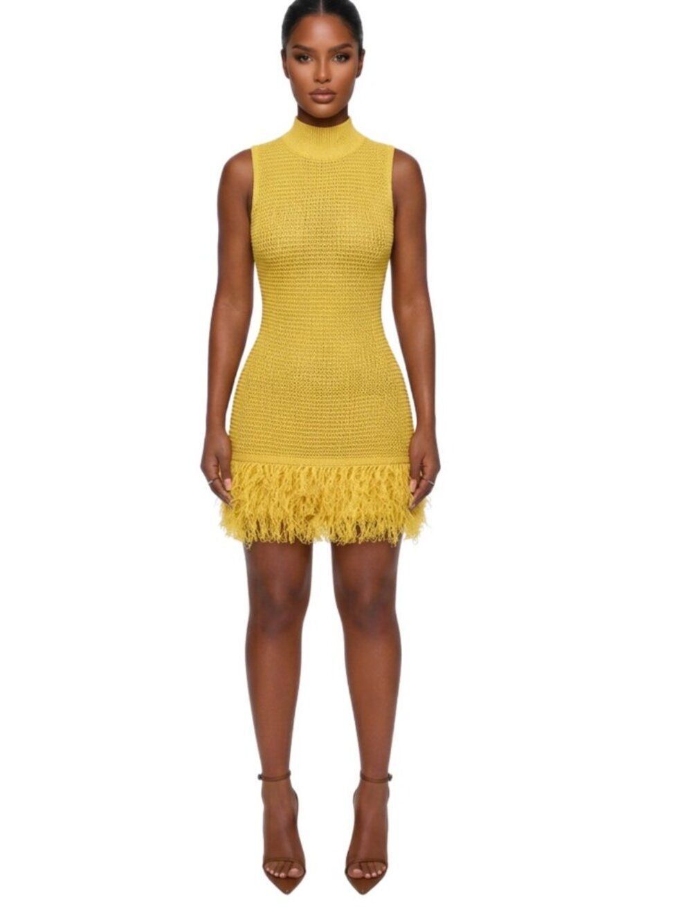 Micas Yellow High Neck Sleeveless Knit Fringe Dress Size XL